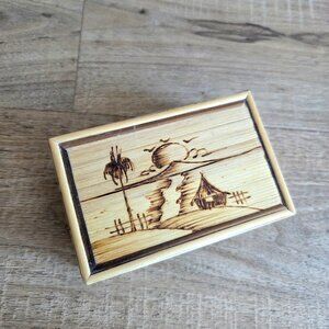 Vintage woven rattan bamboo wood burned tropical hut design jewelry trinket box.